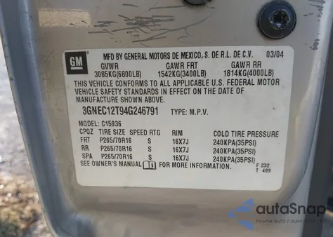 2004 Chevrolet Avalanche 1500 из США, поврежденный, VIN 3GNEC12T94G246791